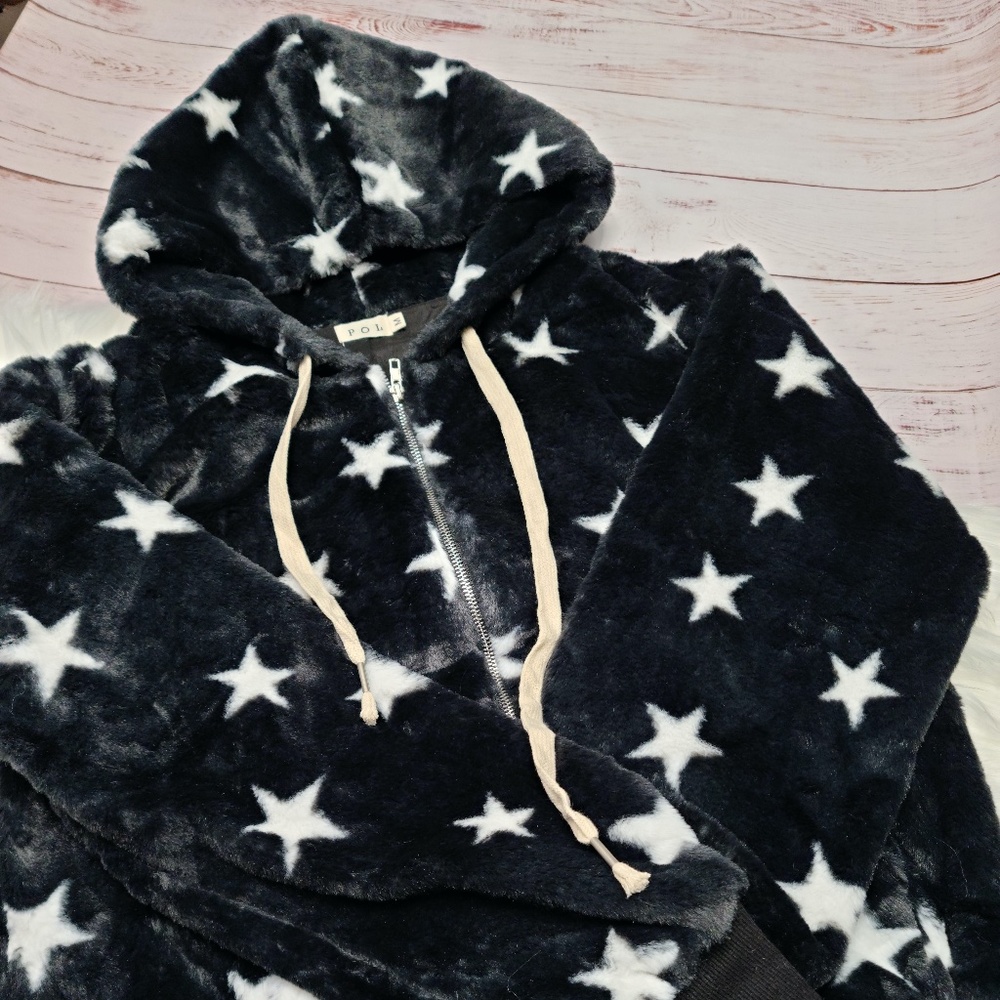 POL FUR KNIT ZIP UP COAT STAR PRINT BLACK SIZE M